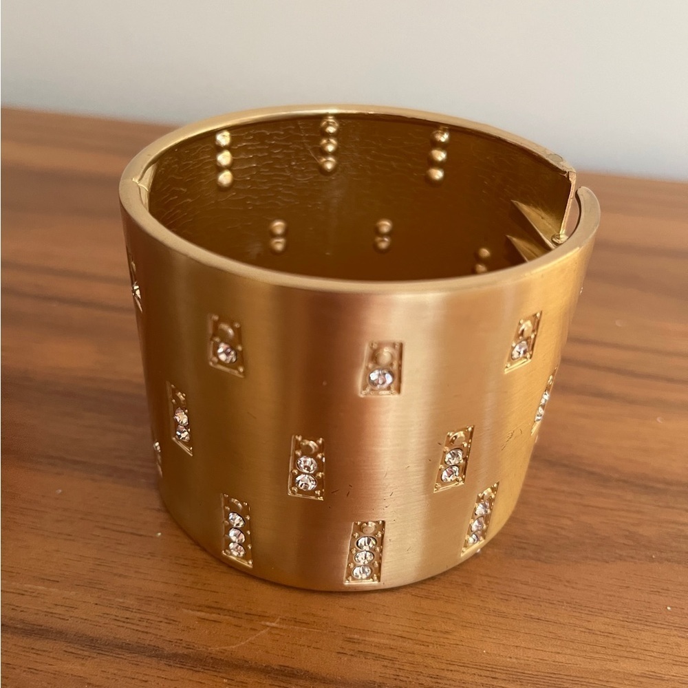 WIDE CUFF Brushed Gold Tone Metal Hinged Bracelet Rhinestone Accents Statement